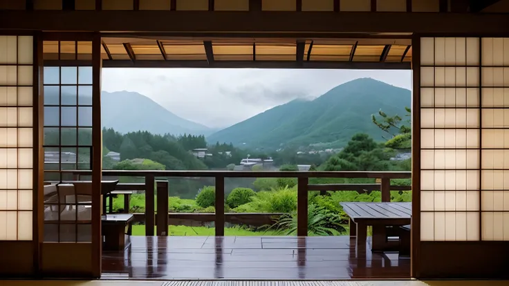 View of the rain from a Japanese-style room