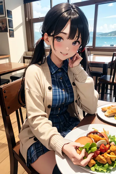 Very cute and beautiful girl sitting on a chair in a cafe,(very detailed美しい顔と目),
white blouse,smile,Happy,(beige cardigan:1.2) BREAK zettai ryouiki,low twin tails,black hair,
(blue plaid mini skirt:1.2),(cup of tea),(sandwich on a plate),(salad in a bowl),...