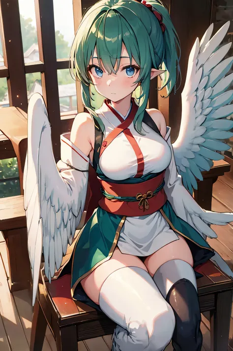 4k,high resolution,one woman,harpy,dark green hair,short ponytail,blue eyes,medium breasts,white wings,golden toenails,shrine ma...