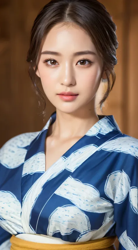 beautiful handsome woman, ((highest quality, 8k, masterpiece: 1.3)), Beautiful woman, 1 female, big: 1.3, slender body shape: 1.1, bouncy dark brown hair, (yukata, highly detailed face, lip details, fine eyes, double eyelid