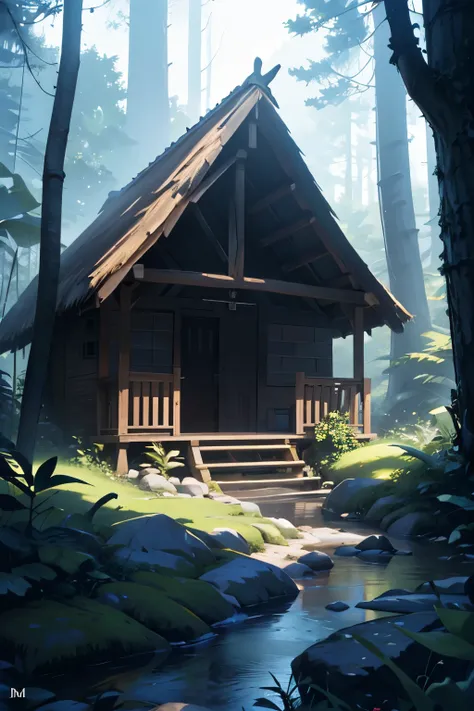 make a landscape of a deep, dark forest, em 4K, bem detalhada, e de fundo construa uma cabana 