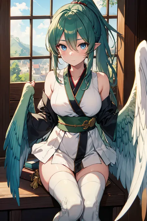 4k,high resolution,one woman,harpy,dark green hair,short ponytail,blue eyes,medium breasts,white wings,golden toenails,shrine ma...