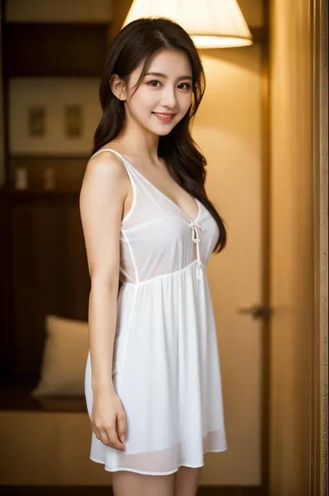 ulzzang-6500-v1.1, (RAW photo:1.2), (Photoreal), beautiful detailed girl, (See-through:1.3), (genuine: 1.4), very detailed目と顔, beautiful and detailed eyes, elegant long dress、(very kind smile:1.2)、huge file size, High resolution, very detailed, highest qua...