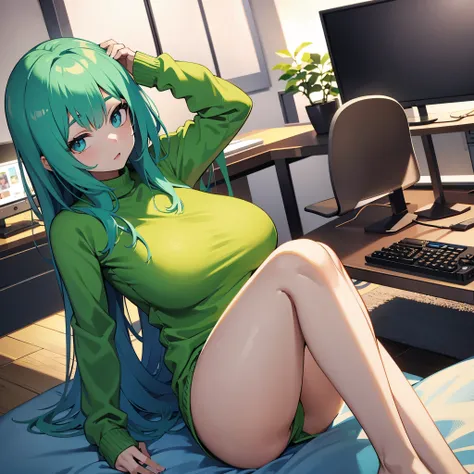 Slim beauty, slime girl, sweater, no pants, gaming room