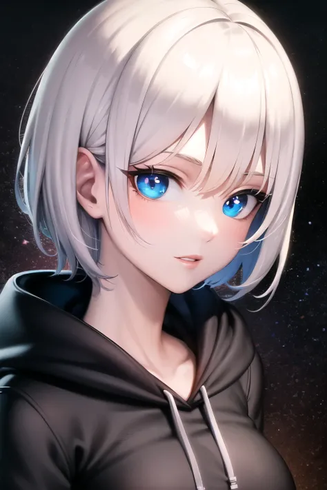 ((best quality)), ((masterpiece)), (detailed), perfect face,1 busty girl, White hair, short hair, Blue eyese, black background, Hoodie, Portrait