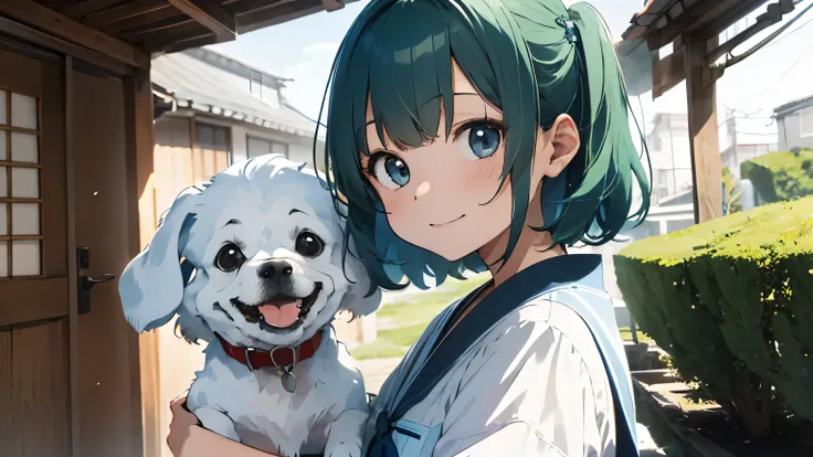 １dog，1 girl，fantasy，messy blue-green hair，pure white dress，((highest quality))upper body up，１かわいい子dog，１かわいい子dog，Japanese-style house，smile，