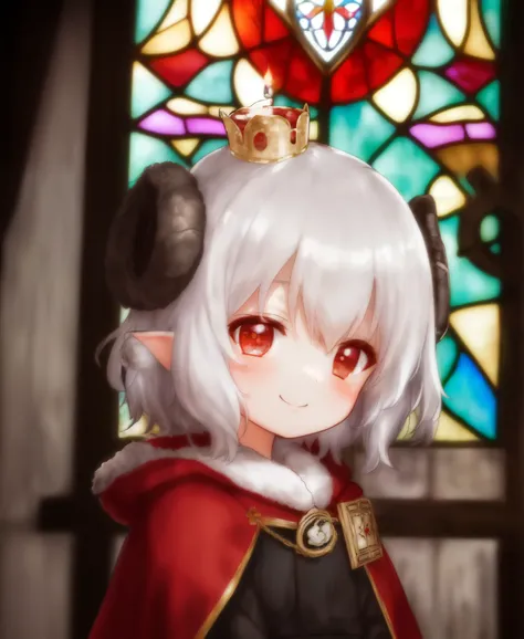 uploaded on e621, ((by Yurusa, by Childe Hassam, by Kenket, by Kyoto Animation)),
solo (chibi:1.15) ((sheep (lamb (cult of the lamb)), black body and white fur, white hair, horn, clear red sclera)),
(wear red crown, red cloak, grey black gown:1.25), (flat ...