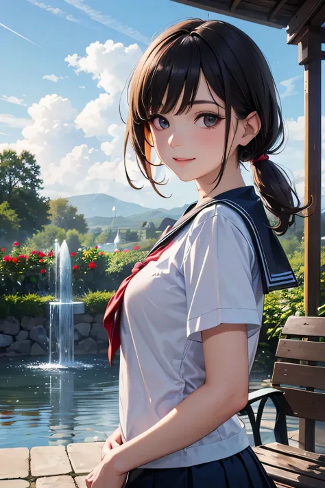 very cute and beautiful high school girl,teen,(very detailed美しい顔),
(smile),looking at the viewer,black hair,low twin tails,(sailor suit),(Pleated navy blue ittings on a wooden bench in an elegant gazebo,flower garden,squirt,forest,
(highest quality,masterp...