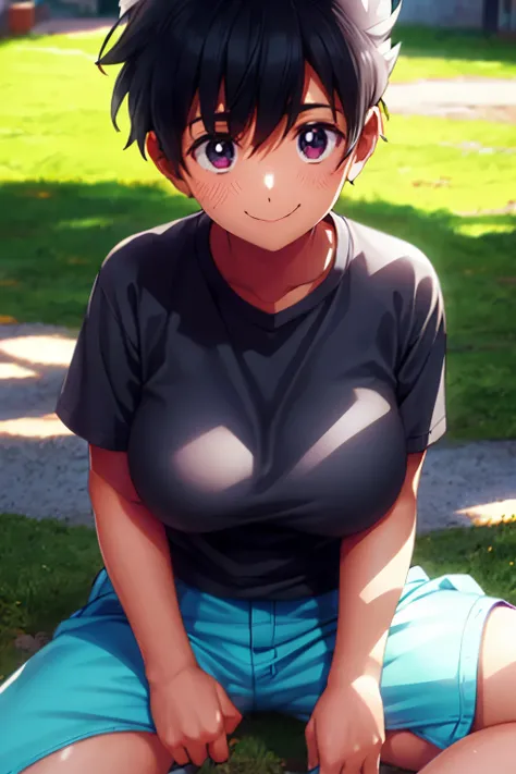 boyish,sunburn,brown,short hair,Tomboy,short sleeve,girl,girl,black hair,pants,sitting,big breasts,woman,short hair,smile,looking at the camera