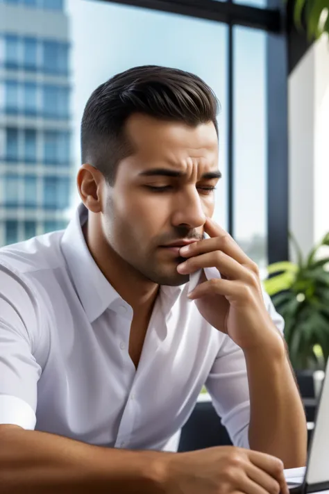 Imagina un espacio de oficina moderno y luminoso con grandes ventanas que dejan pasar la luz del sol. En el centro, There is a character who is visibly uncomfortable. His face shows signs of discomfort as he wipes the sweat from his forehead with a handker...