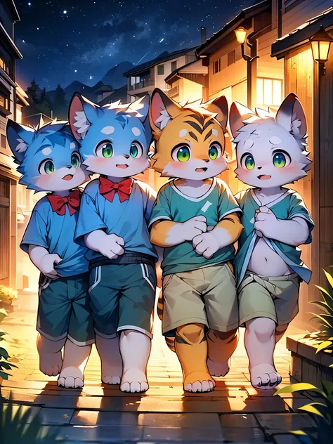 A tiger and a dog, (two little boys), cute, (white fur), big green eyes, ((blue T-shirt)), ((white shorts)), red bow tie, walking on the street, surrounded by mountains, (at midnight), stars, bright moonlight, brilliant light and shadow, fine facial depict...