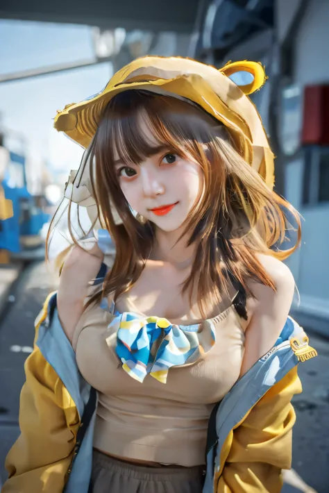 anime girl with a yellow hat and blue shirt posing for a picture, anime style 4 k, anime style. 8k, beautiful anime girl, render of a cute 3d anime girl, anime styled 3d, photorealistic anime girl render, cute anime girl, pretty anime girl, realistic anime...