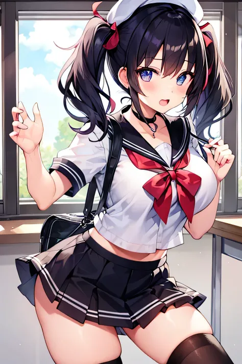 masterpiece、Highest image quality、ultra high resolution、teen schoolgirl with big tits、twin tail hairstyle、black hair、red face、mock、Open your mouth just a little、Short sleeve sailor school girl uniform、 for teenage schoolgirls、Knee high socks for teenage sc...