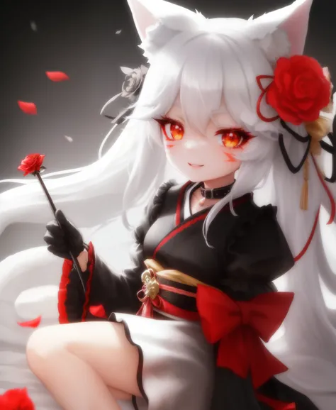 Enigma_Kitsune,  1girl,  solo,  long hair,  looking at viewer,  smile,  hair ornament,  red eyes,  gloves,  long sleeves,  dress,  holding,  animal ears,  medium breasts,  very long hair,  tail,  flower,  white hair,  grey hair,  parted lips,  black gloves...