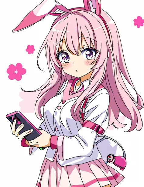 anime girl with bunny ears holding a spray can and waving, an (anime girl), Smartphones, Yuru Yuri, she is modeling, cute anime girl, anime girl, young anime girl, As an anime character, in anime style, light anime illustrations, Anime Moe Artstyle wears a...