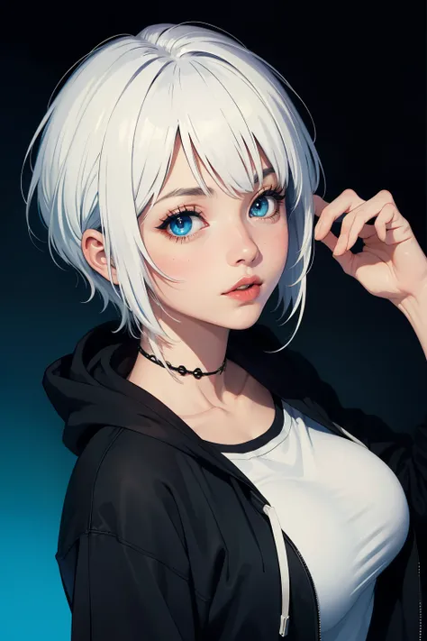 ((best quality)), ((masterpiece)), (detailed), perfect face,1 busty girl, White hair, short hair, Blue eyese, black background, Hoodie, ordinary