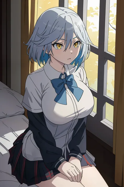 Arin_Kannazuki,
masterpiece,best quality,1girl,solo,nice hand,good hand,
school uniform,yellow eyes,((silver blue hair)),hands on breasts,