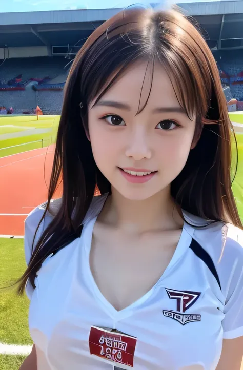 NSFW,highest quality,excellent details,ultra high resolution,clear face photo.Beautiful woman,actress,tie hair,17 years old,open your mouth,Full view of pussy,show me your pussy,Athletics part,athletics stadium,T-shirt