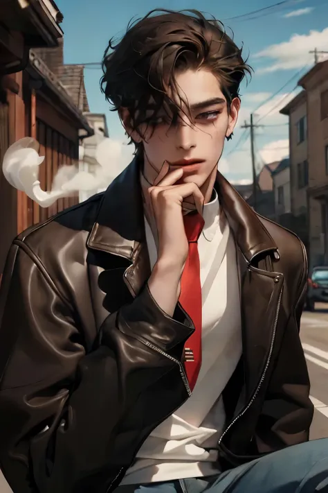 Masterpiece, best quality, (highly detailed CG unity 8k wallpaper), (best quality), (best illustration), (best shadows), highly detailed. a boy, with short black hair, mid-torso, a scar under one eye, smoking a cigarette.