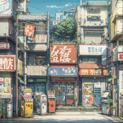 Anime background, empty, modern compact Japanese downtown street. anime, anime style. vending machines, trash cans, plant pots, drains, air vents, gutters, pipes, wires, big Japanese shop signs, retro Japanese shop banners. (no one :1), no one in sight. be...