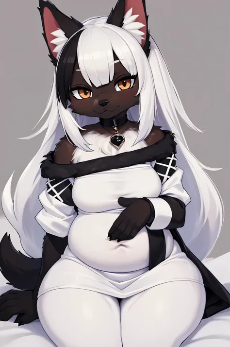 (a young black female wolf furry), black fur, short muzzle, cat-like face, white furs from muzzle to between the eyebrows, white furs on belly, white furs on hand and legs, long white hair, brown eyes, kemomo, big tummy, young, one-pieced dress, chibi, lit...