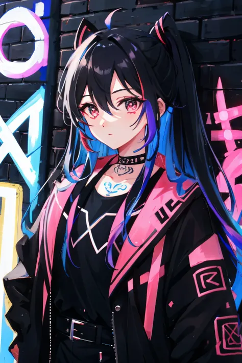 highest quality, intricate details, chromatic aberration, 1 girl, long hair, black hair, messy hair, red highlights, hair above one eye, red eyes, clear eyes, choker, neon shirt, torn legwear, open jacket, towards the wall, brick wall, graffiti, shineing g...