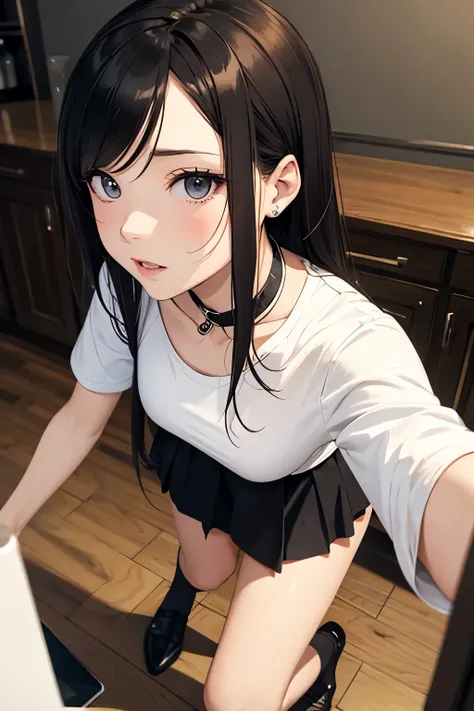 girl seen from the floor, Can wear skirt or shorts, view from below, long stockings or pantyhose, medium breasts, ((very detailed)), (perfectly detailed face), (very detailed hand), photorealistic images.