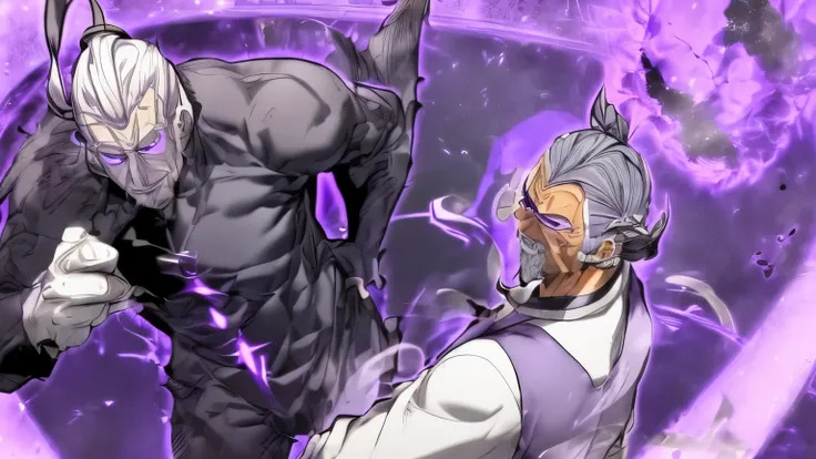  ((Fit old male)), ((white mustache)), ((slicked back graying black hair)), ((skin tight black shirt)), ((gravity magic)), Earth magic, ((purple energy)), ((six pack abs)), ((Male)), ((gray sweatpants)), ((evil smile))