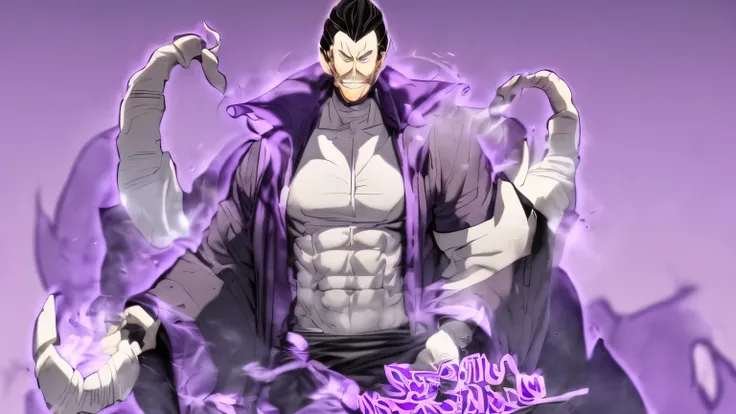  ((Fit old male)), ((white mustache)), ((slicked back graying black hair)), ((skin tight black shirt)), ((gravity magic)), ((Earth magic), ((purple aura)), ((six pack abs)), ((Male)), ((gray sweatpants)), ((evil smile))