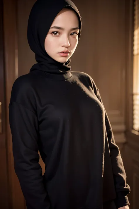 Best quality, masterpiece, ultra high res, (photorealistic:1.4), raw photo, 1girl, detailed hijab, detailed eyes and face, black sweater, dynamic lighting, in the dark, deep shadow, low key, cowboy shot