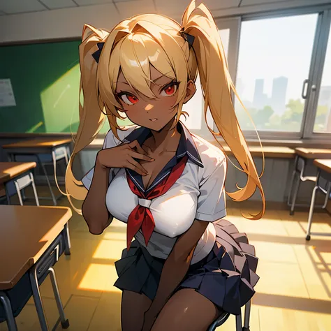 (masterpiece:1.2, best quality), 1lady, solo, school uniform, classroom, day, sit, blonde, twintails, red eyes, open collabone, darkskin, (open breasts:1.1),