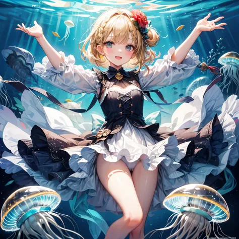 ((Masterpiece)), ((best quality)), (Professional Photography:1.2), (High Definition:1.3), ((12 years old)), Castle in the Sea, (jellyfish costume:1.4), jellyfish girl, smile, open mouth, (cute posing), (blonde hair:1.3), medium hair, (soft braid:1.3), blun...