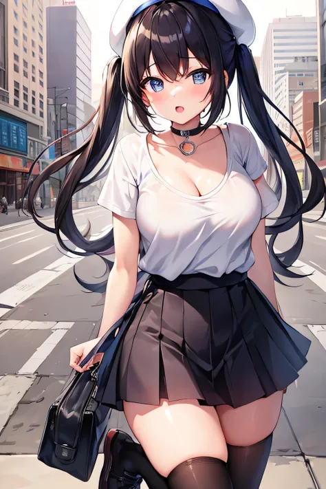 masterpiece、Highest image quality、ultra high resolution、teen  with big tits、twin tail hairstyle、black hair、red face、mock、Open your mouth just a little、White T-shirt that shows cleavage、casual miniskirt、knee high socks、white beret、city park、outdoors