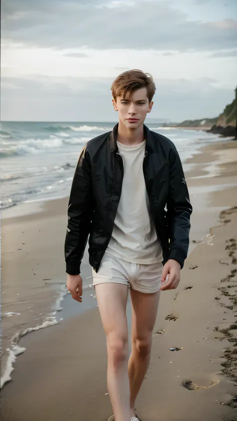 Please create the image of a slender, 20 years old british young man, walking on the beach, poetic, artsy. British. Lowra face focus, bright eyes, expressive. 50mm camera. Cinematic. Polaroid Style.