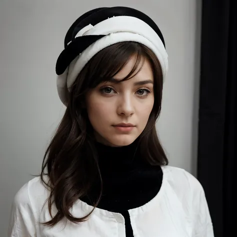 Une femme brune, de profil, porte un chapeau de velours décoré de coquillages. Limage est en noir et blanc. La femme est à gauche de la photo 