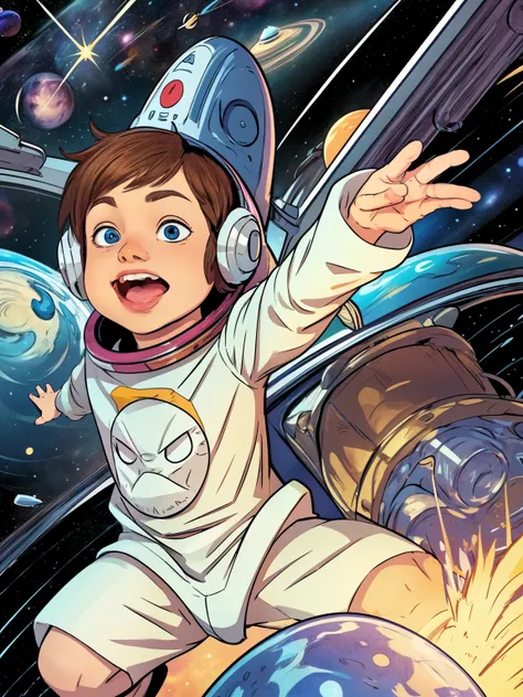 cinematic cartoon style. comic art. tme0224 face, (((a baby boy, 4yo))) in a funny night (((wearing a astronaut costume))). (((c...