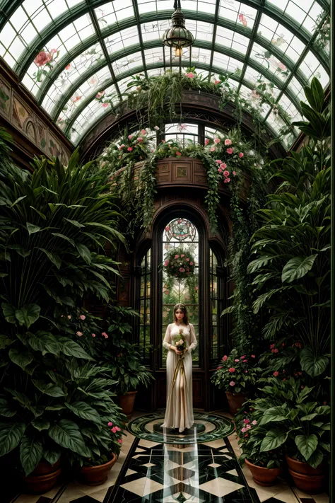 Inside a winter garden botanical conservatory designed in Art Deco style with a steampunk twist, blooming roses flourish under a glass-dome roof amid lush tropical plants and a stone floor, framed by huge glass windows and floral stained glass elements, ne...