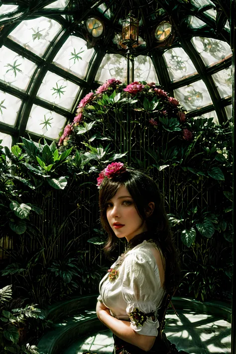 Inside a winter garden botanical conservatory designed in Art Deco style with a steampunk twist, blooming roses flourish under a glass-dome roof amid lush tropical plants and a stone floor, framed by huge glass windows and floral stained glass elements, ne...