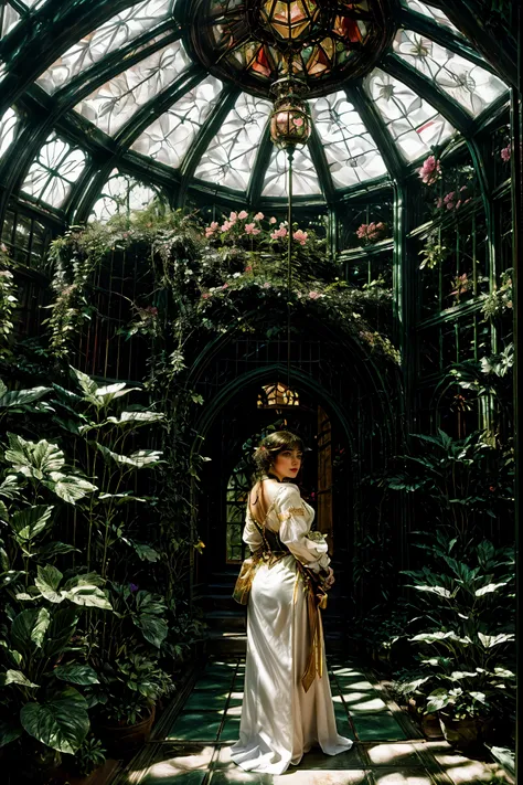 Inside a winter garden botanical conservatory designed in Art Deco style with a steampunk twist, blooming roses flourish under a glass-dome roof amid lush tropical plants and a stone floor, framed by huge glass windows and floral stained glass elements, ne...