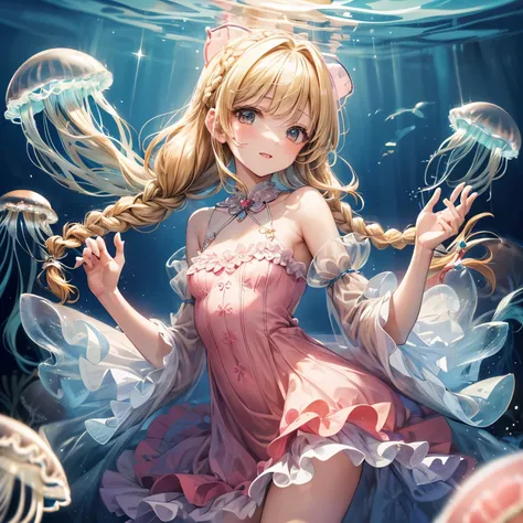 ((Masterpiece)), ((best quality)), (Professional Photography:1.2), (High Definition:1.3), 1princess, ((12 years old)), Castle in the Sea, (jellyfish costume dress:1.4), jellyfish girl, smile, open mouth, (cute posing), (blonde hair:1.3), medium hair, (soft...