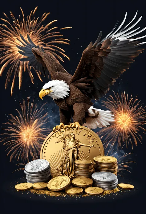 stacking American gold and silver coins, bald eagle, money, sparks, fireworks,explosions, vector design.