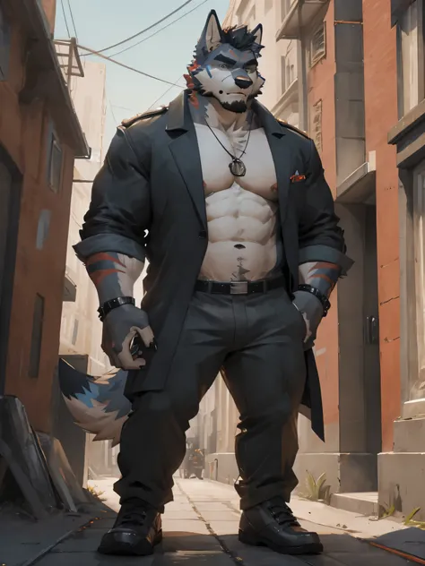 Male wolf and fox hybrid orc，Photos of 45-year-old uncle，charming appearance、charm、calm、company，very muscular。Huge size，very impressive，Coat color is white and sky blue，Clothes wearing T-shirts。The scene is a city street at noon。（personal）（masterpiece），（Ve...