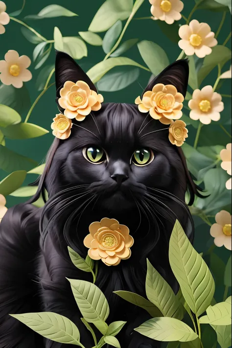 black cat，2.5D long haired black cat，Close-up of cat wearing flower headdress，Gorgeous and graceful，black cat，8k high quality artistic details，Fantasy illustration，fantasy style，Flower sea decoration，forest background，Background decoration green main color