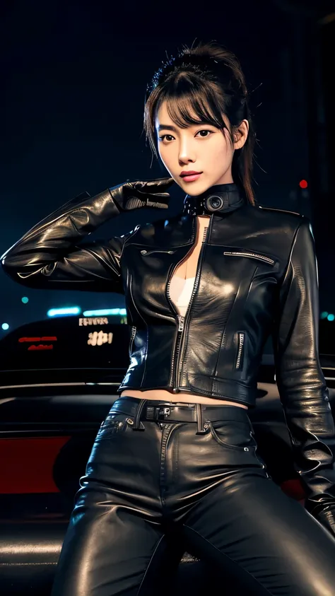 black leather rider jacket, office in the dark, Fingertips of black leather gloves on both hands,wearing black leather gloves,sitting in a black leather chair、 Japanese female new employee (black leather gloves cover both hands) (The angle is horizontal)、b...