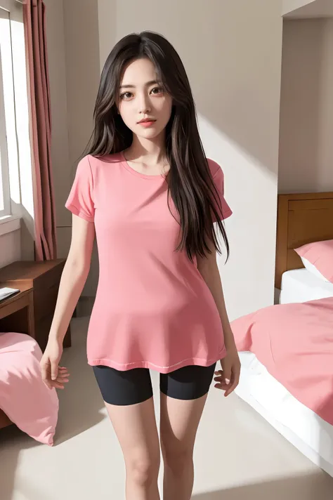 masterpiece,best quality, highres, ultra-detailed, perfect face, bbleaf, long hair, black hair, brown eyes, sidelocks, eyelashes, pink shirt, short sleeves, bike shorts, black shorts, room, bedroom, indoors, looking at viewers, standing,