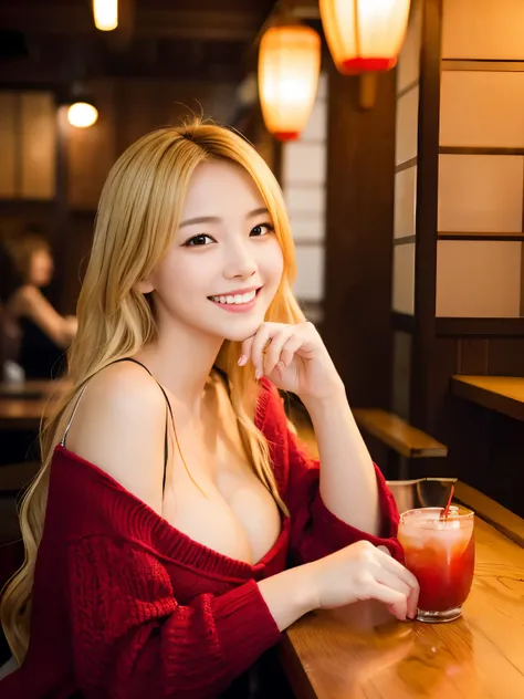 masterpiece、Japanese gravure idol、Red lantern、Yakitori restaurant、She sits across from the table、A woman with long blonde hair is drinking a cocktail across the table.、20-year-old、smaller hands、big breasts、beautiful feet、I can see the cleavage、There is a g...