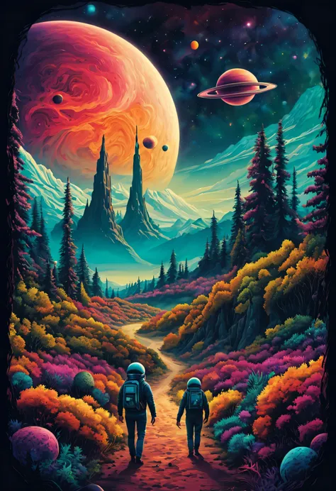 adventure, travel, aliens, space ships, black holes, universe, sci-fi, nature, magical,spiritual, special, vibrant, colorful, vintage design.