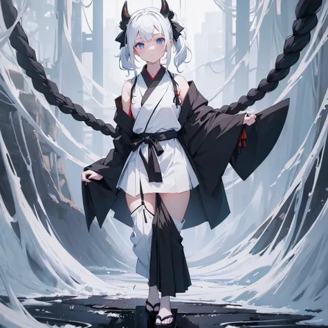 (((Masterpiece))),full shot ,(((1 girl))),standing,holding one arm,black bow ribbon, (((geta))), (((black and white nio-dasuki rope))), black hakama bottoms,white hakama shirts,white ponytail hair, blue eyes, (((two black horns)))