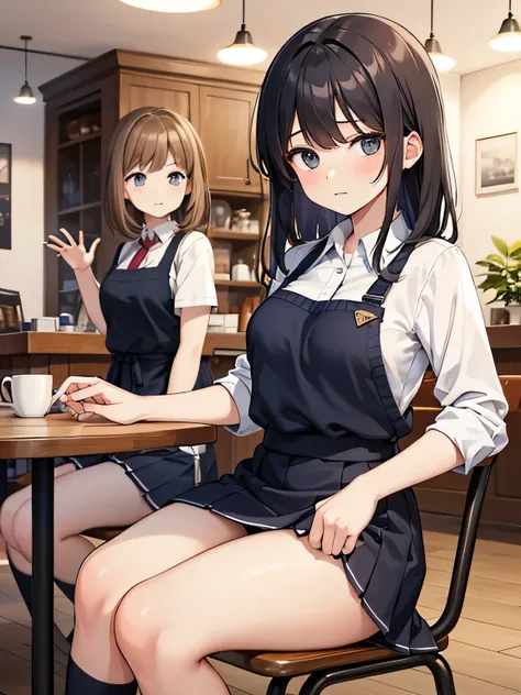 (1) Two women are sitting on chairs in a cafe, look tired. Both are cafe employees.. they are tired and collapsed.
(2) both women&#39;s skirts are too short、Panties are almost visible. their panties are white.
(3) The first woman is a 17-year-old high scho...