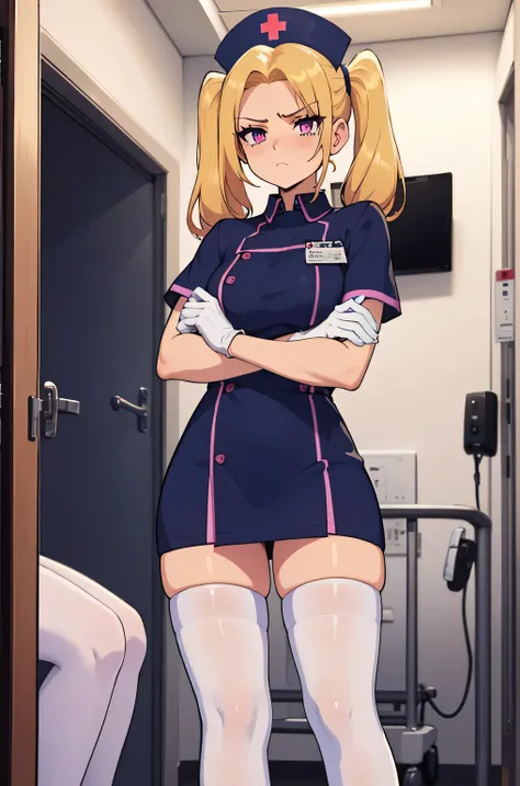 1 girl, alone, nurse, nurse cap, white clothes, ((white legwear, zettai ryouiki)), white gloves, twin tails, yellow hair, purple eyes, anger, crossed arms, Are standing, ((hospital room)), sharp outline, short sleeve, highest quality, masterpiece
